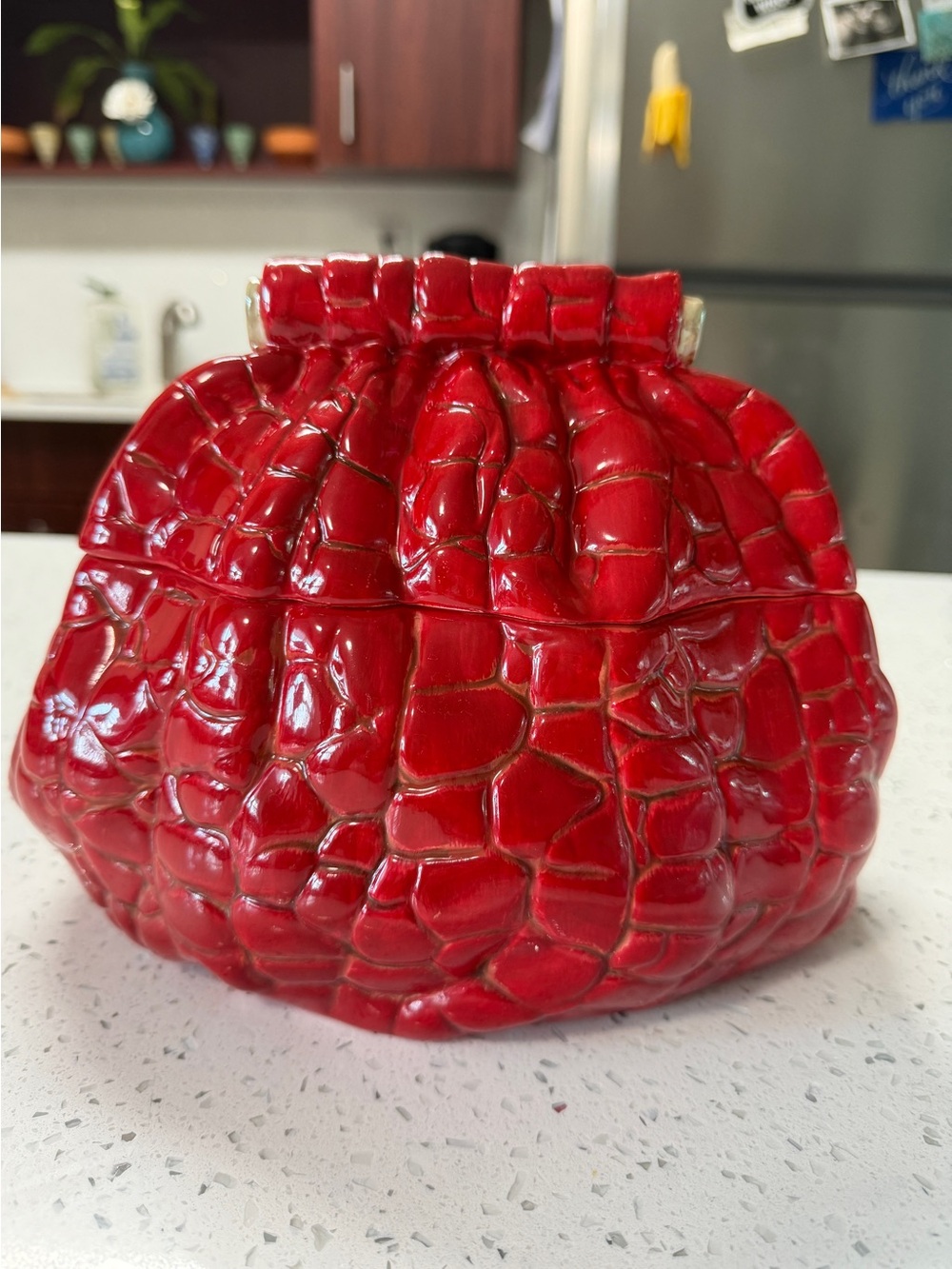 VINTAGE Red Crocodile Ceramic Purse Cookie Jar Handbag Canister RARE Chic Decor